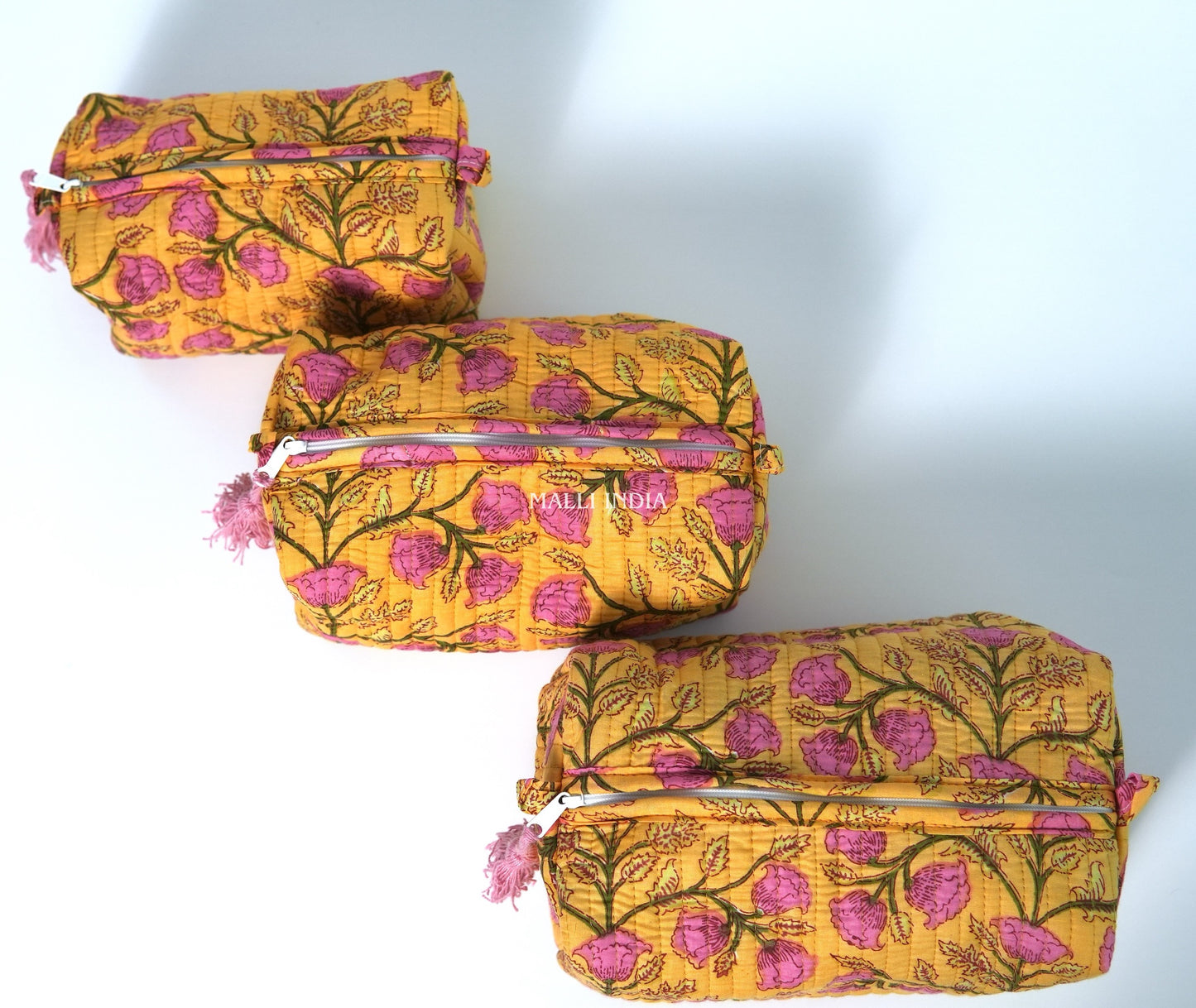 Set of 3 Vanity Pouches - Pink blossoms on yellow