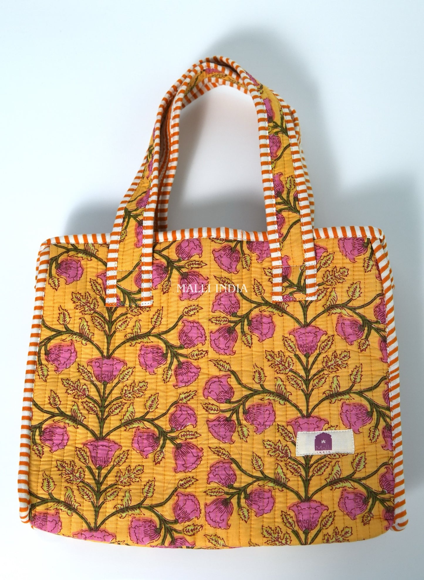 Lunch bag with zipper closure - Pink blossoms on yellow