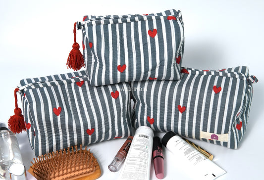Set of 3 Vanity Pouches - Mini hearts on grey stripes
