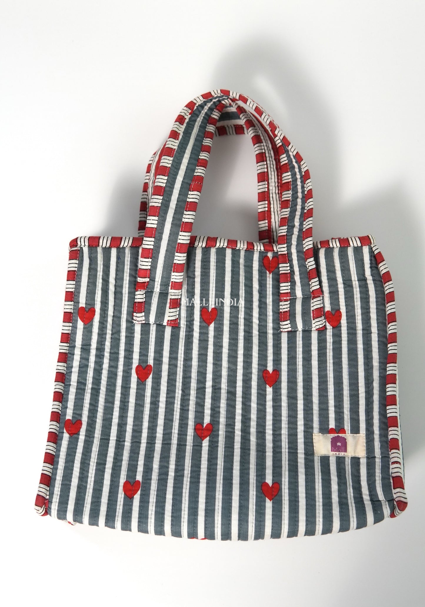Lunch bag with zipper closure - Mini hearts on grey stripes