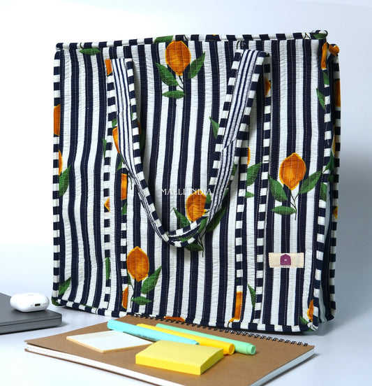 Travel tote bag with zipper closure - Lemons on dark blue stripes