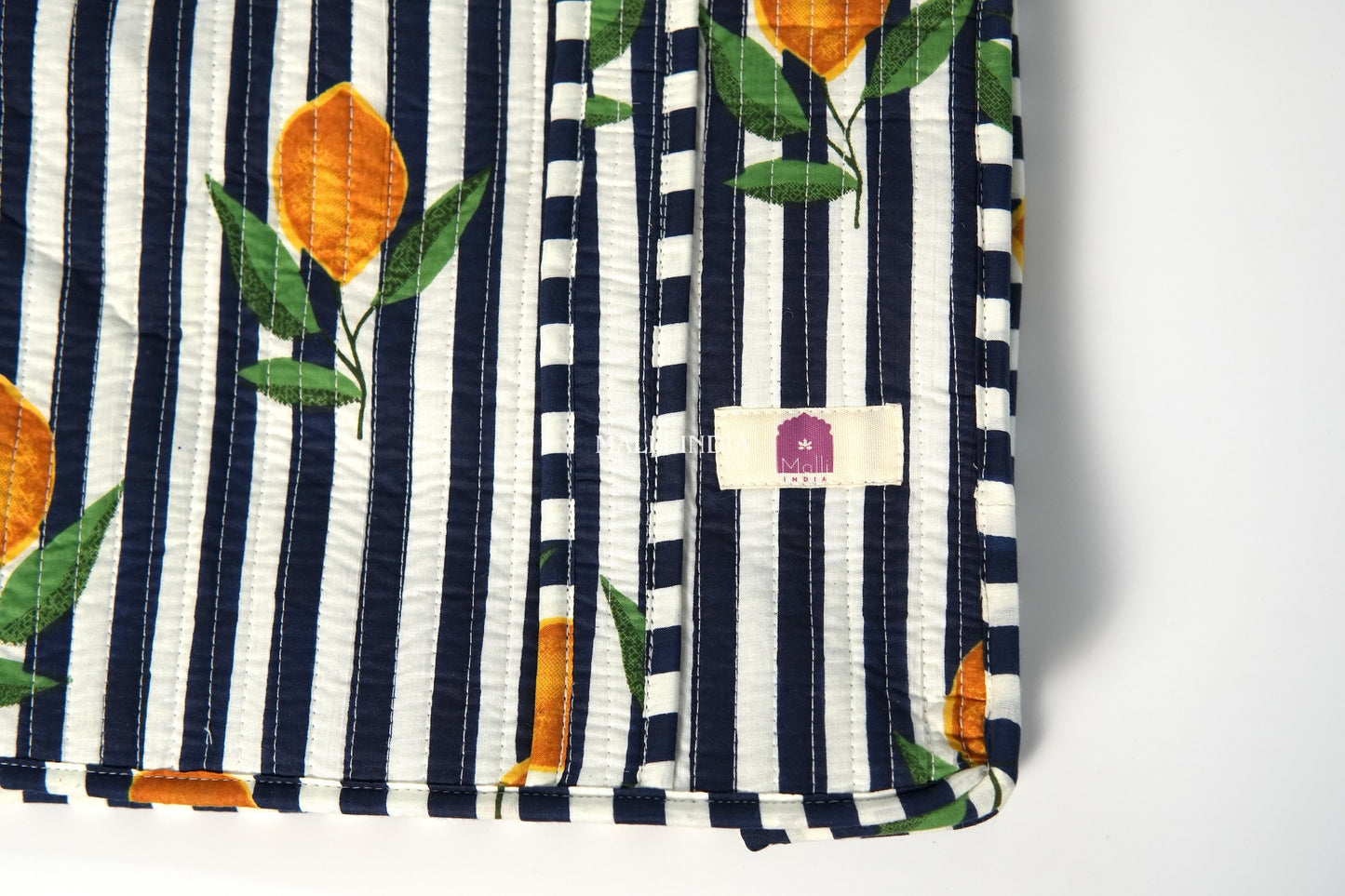 Travel tote bag with zipper closure - Lemons on dark blue stripes