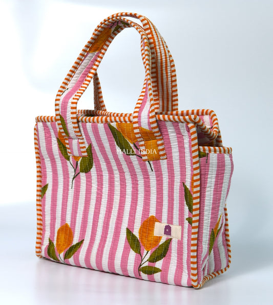 Lunch bag with zipper closure - Lemons on pink stripes