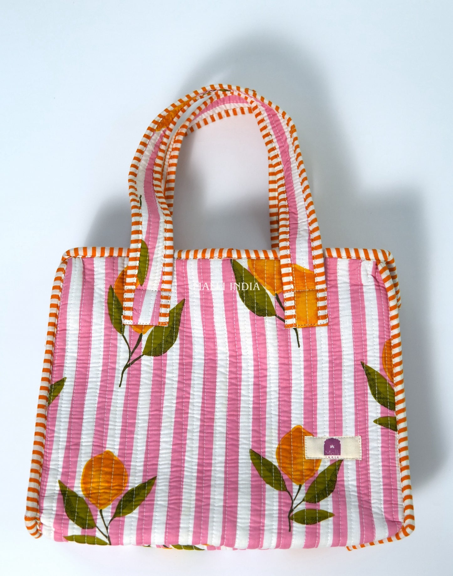 Lunch bag with zipper closure - Lemons on pink stripes