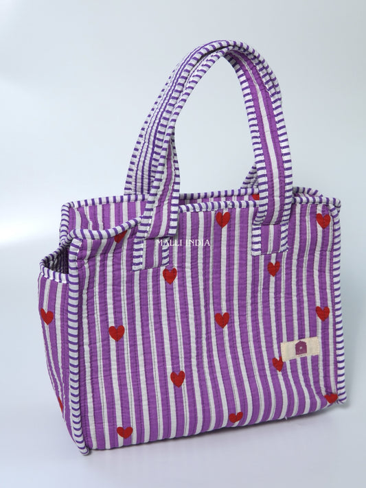 Lunch bag with zipper closure - Mini hearts on purple stripes
