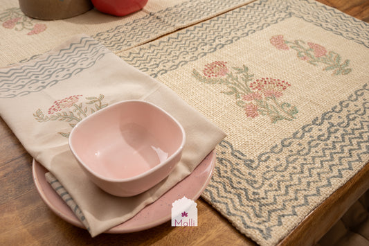 Pink mughal florals - Runner, placemat & napkin set for 6 seater