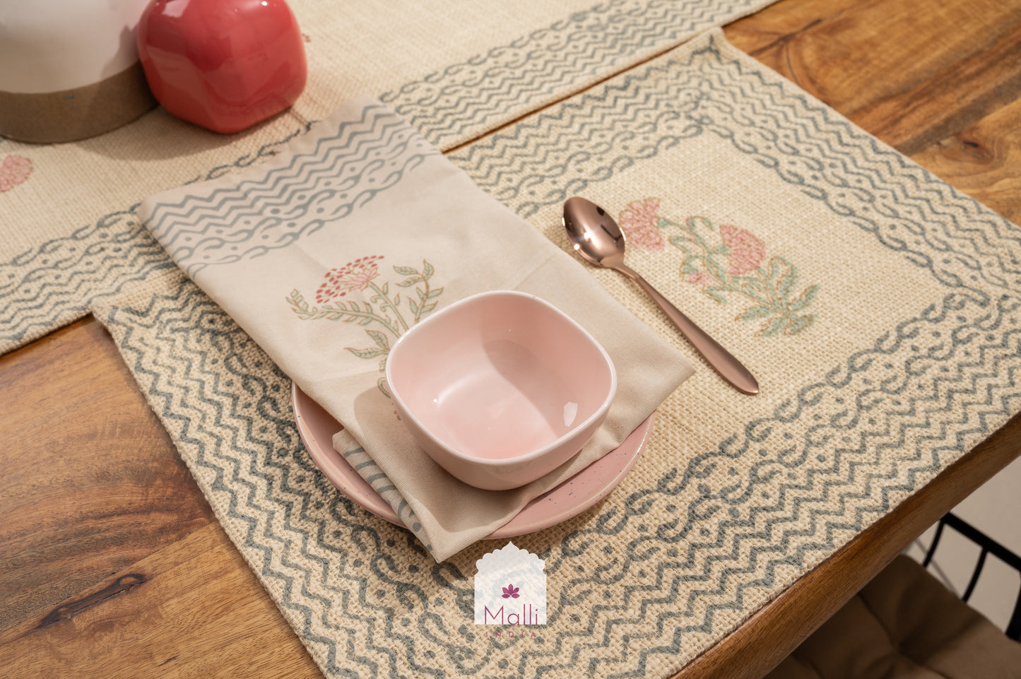 Pink mughal florals - Runner, placemat & napkin set for 6 seater