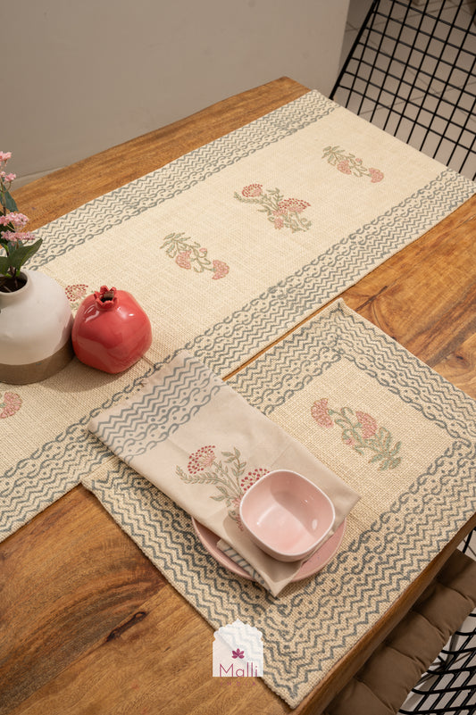 Pink mughal florals - Runner, placemat & napkin set for 6 seater