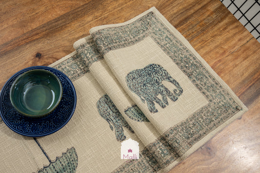Blue elephant & umbrella - 6 seater runner in jute cotton