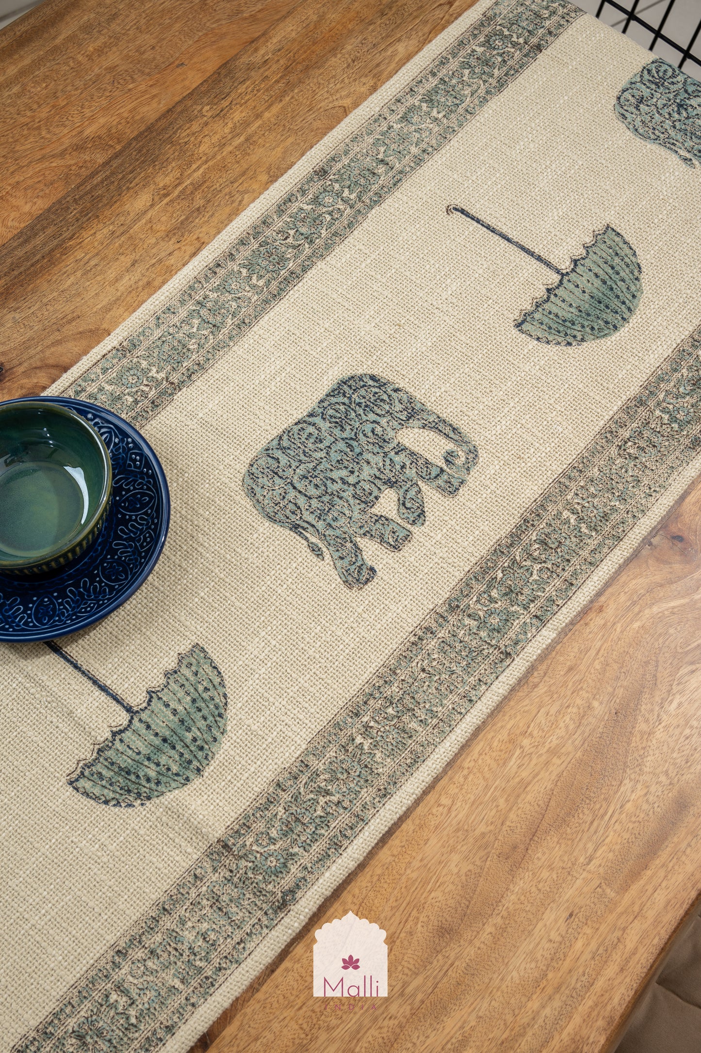 Blue elephant & umbrella - 6 seater runner in jute cotton