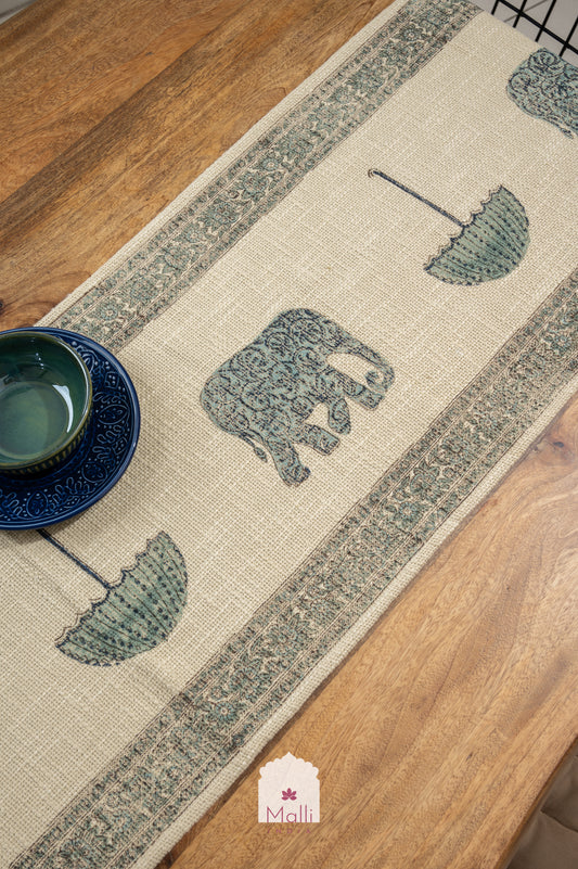 Blue elephant & umbrella - 6 seater runner in jute cotton