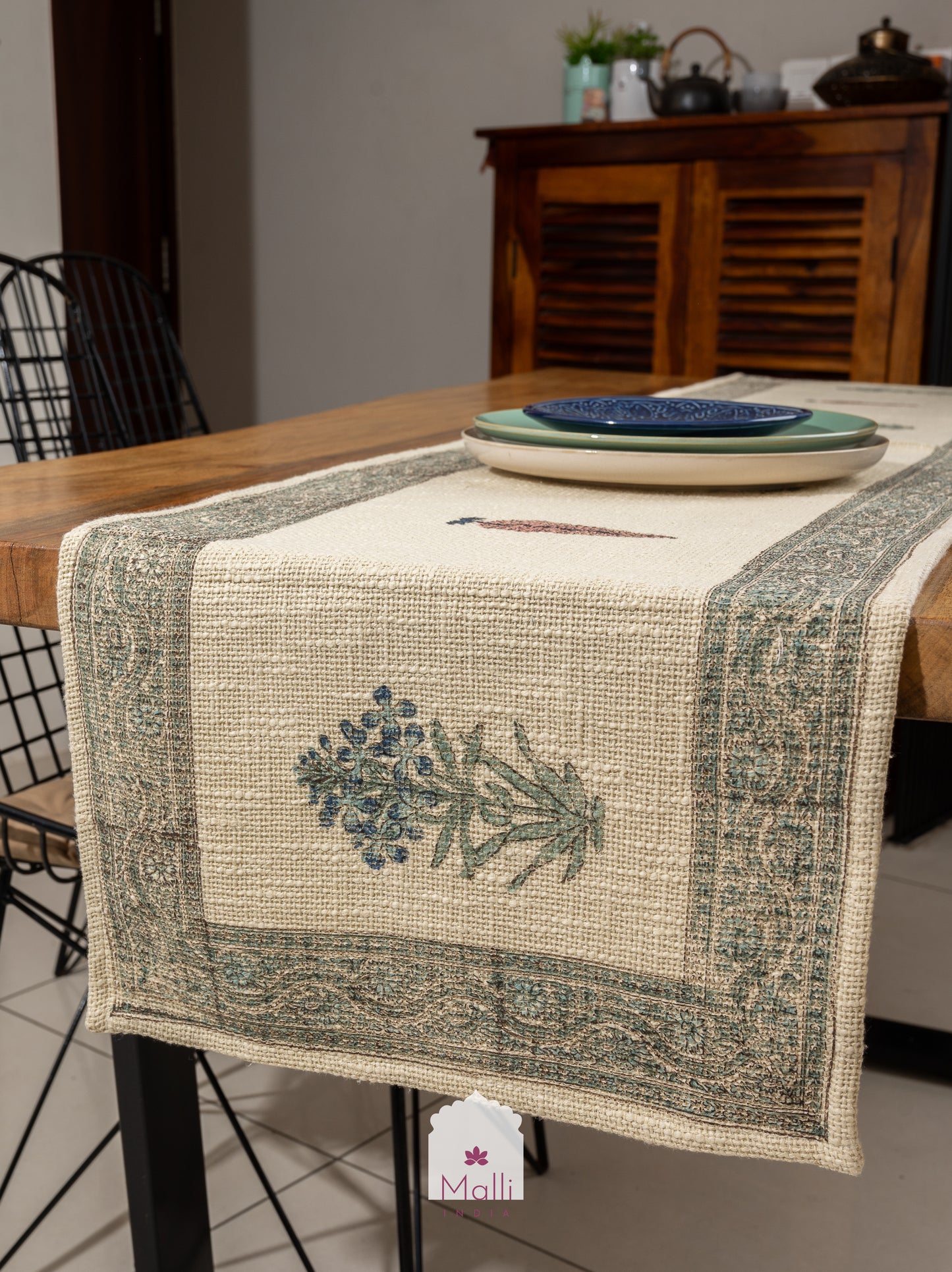 Blue madhumalti flowers with brown leaf - 6 seater runner in jute cotton