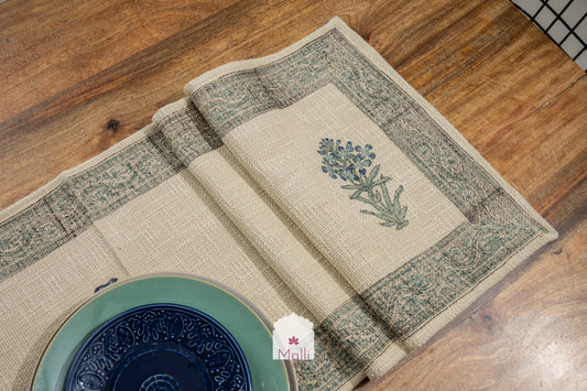 Blue madhumalti flowers with brown leaf - 6 seater runner in jute cotton