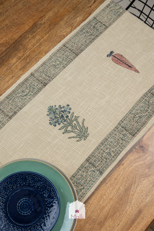 Blue madhumalti flowers with brown leaf - 6 seater runner in jute cotton