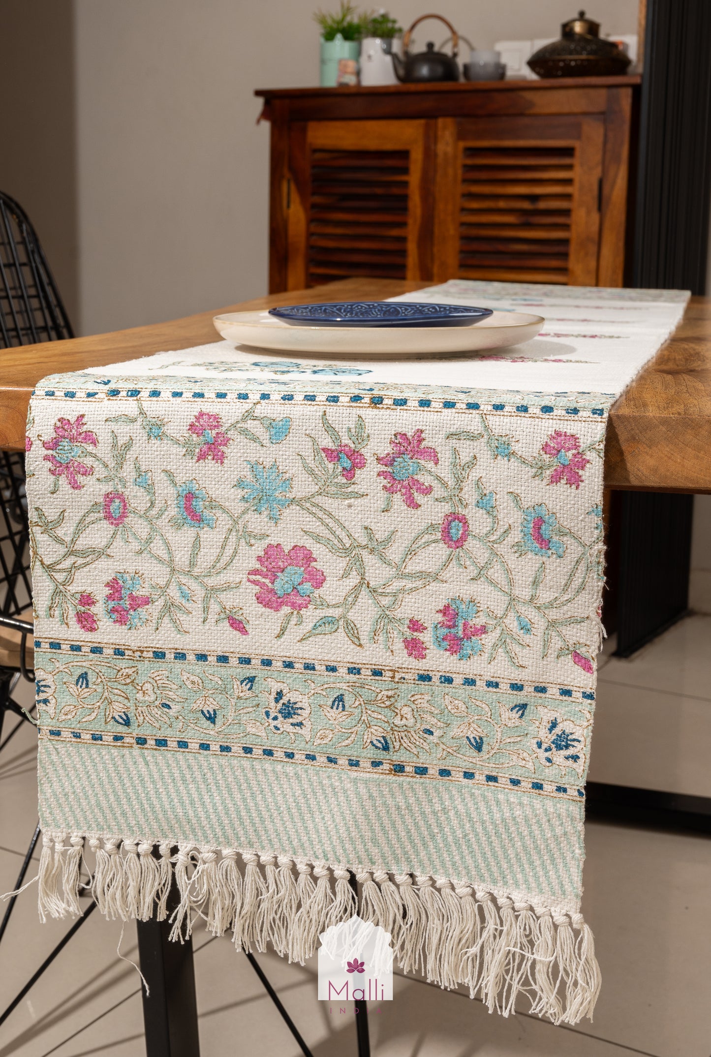 Blue & pink florals - 6 seater runner in slub cotton