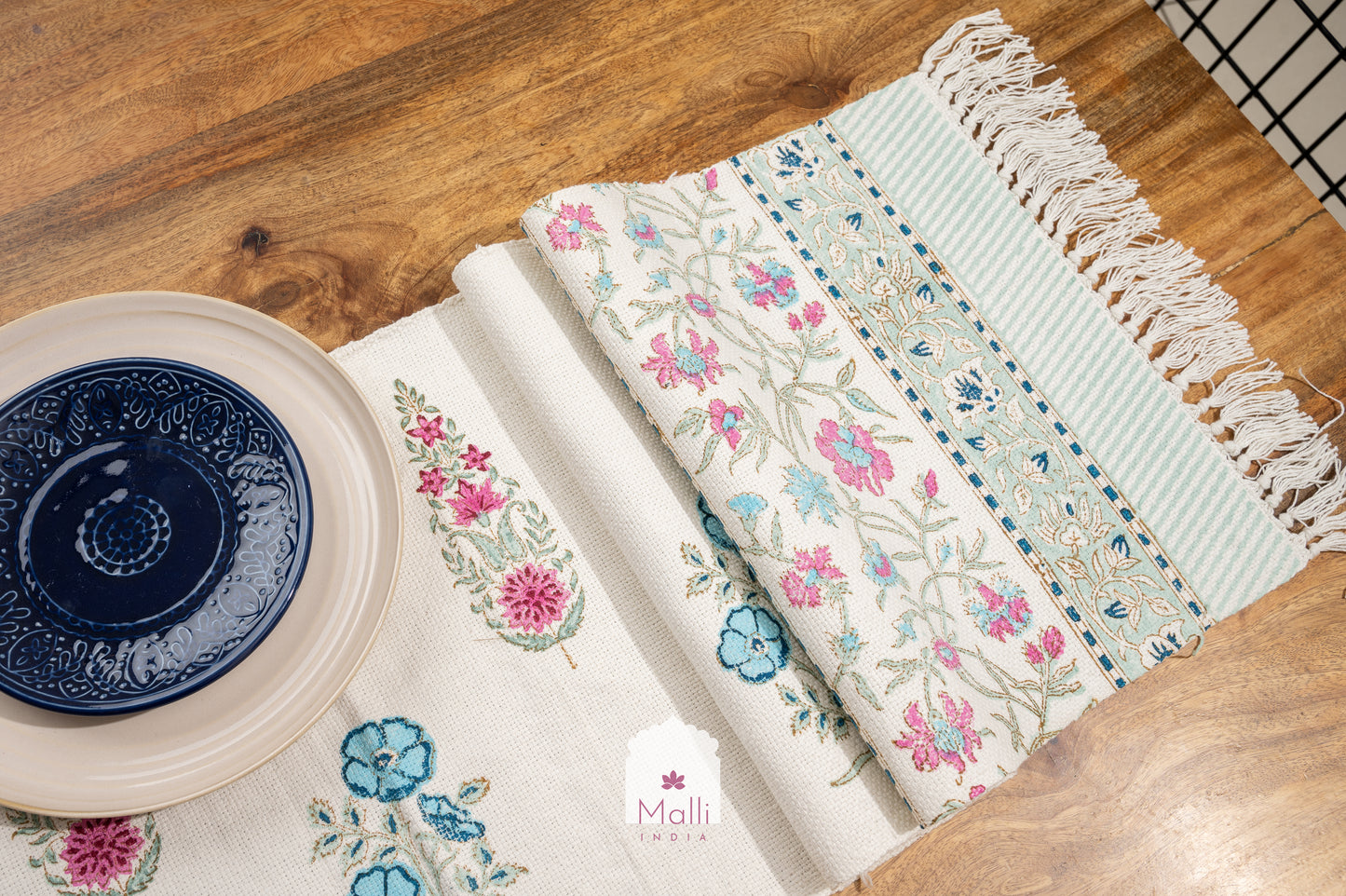 Blue & pink florals - 6 seater runner in slub cotton
