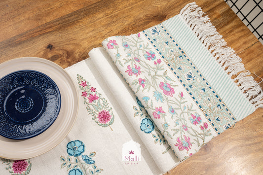 Blue & pink florals - 6 seater runner in slub cotton