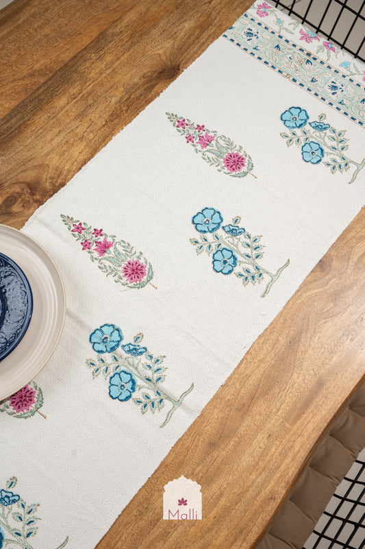 Blue & pink florals - 6 seater runner in slub cotton