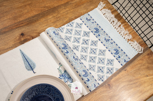 Blue hibiscus & leaves - 6 seater runner in slub cotton