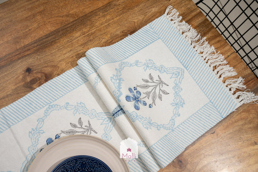 Blue jaal with border - 6 seater runner in slub cotton