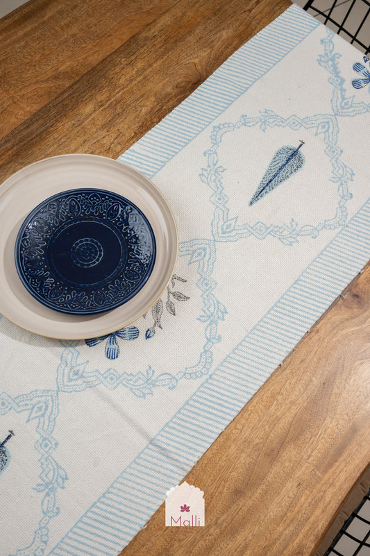 Blue jaal with border - 6 seater runner in slub cotton