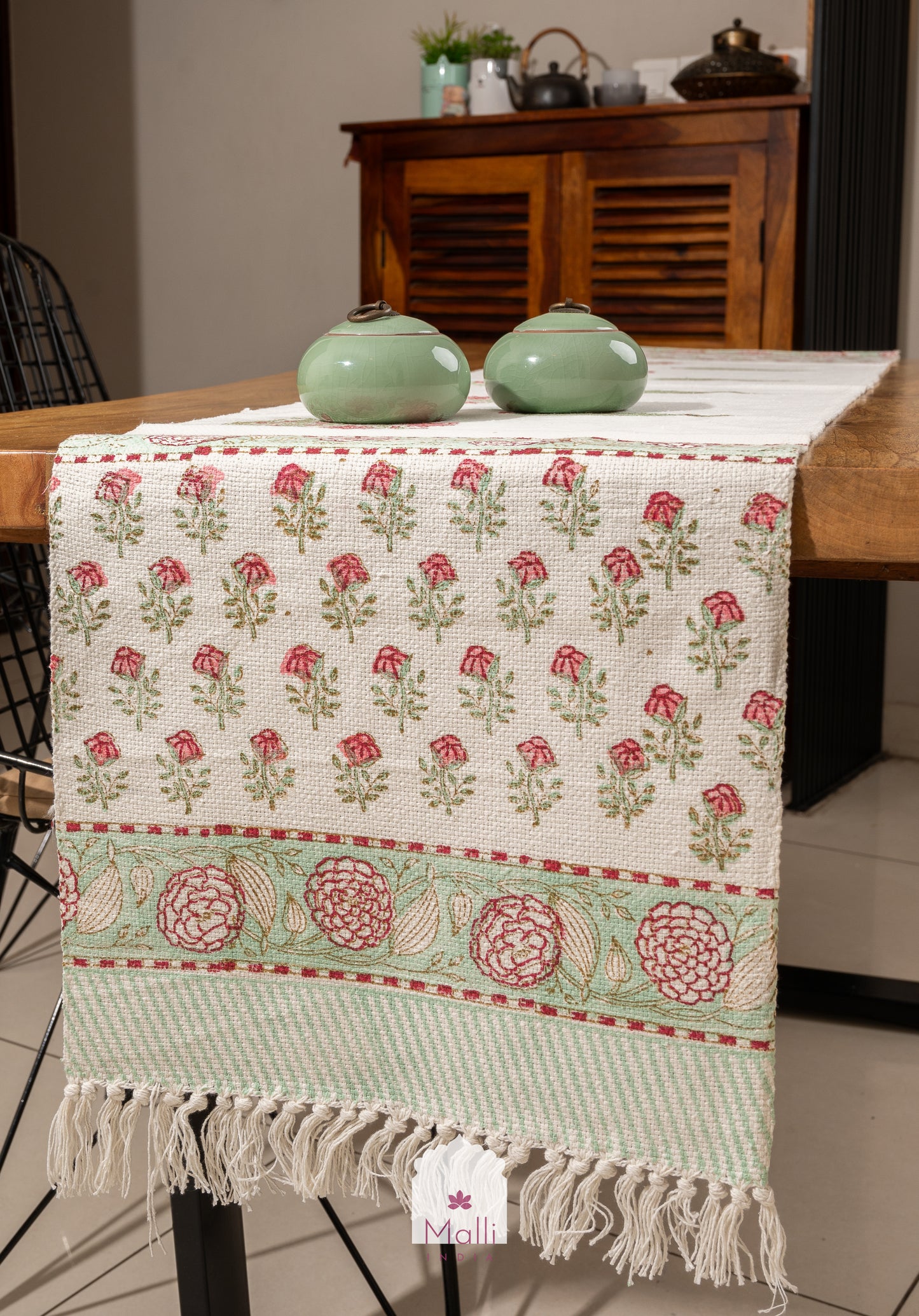 Pink & green florals - 6 seater runner in slub cotton