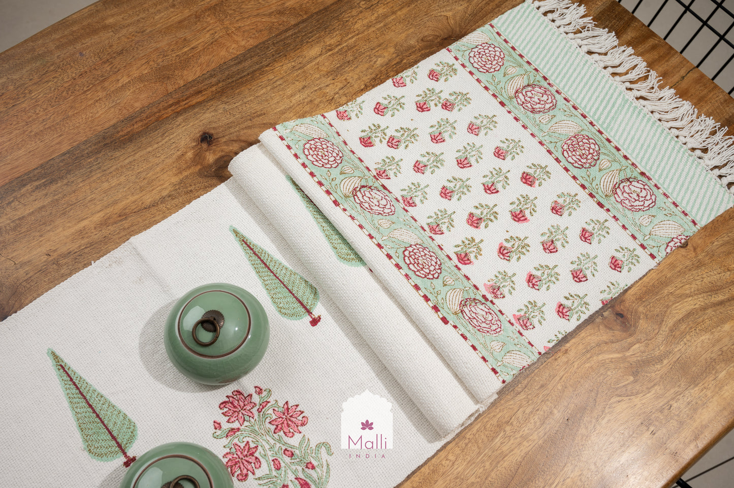Pink & green florals - 6 seater runner in slub cotton