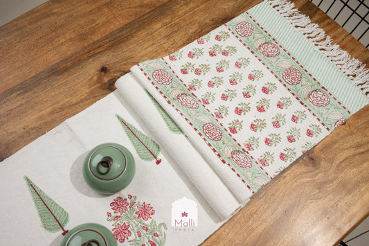 Pink & green florals - 6 seater runner in slub cotton