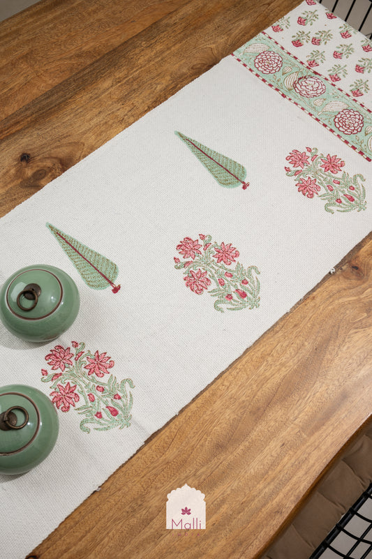 Pink & green florals - 6 seater runner in slub cotton