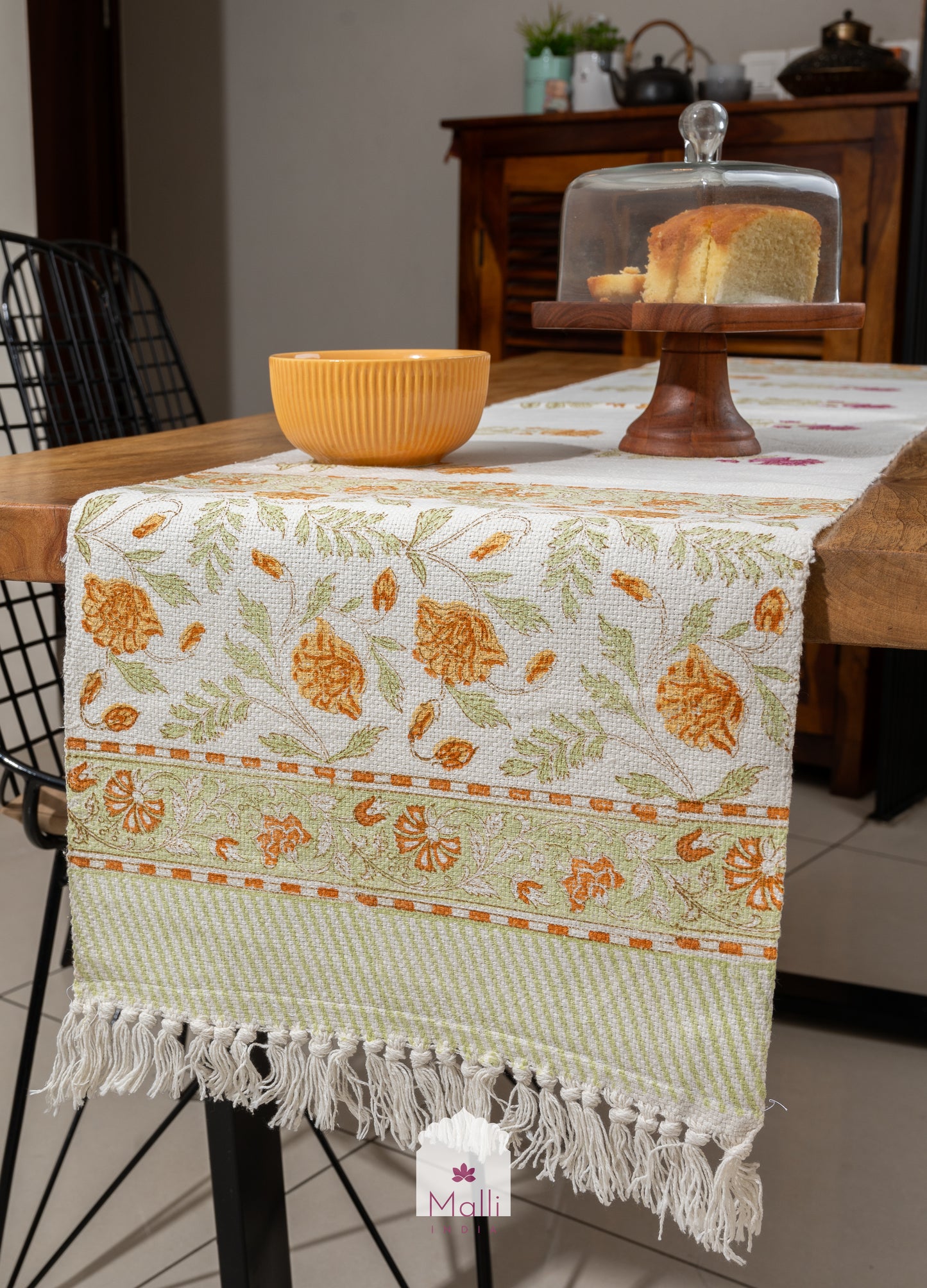 Pink & orange florals - 6 seater runner in slub cotton