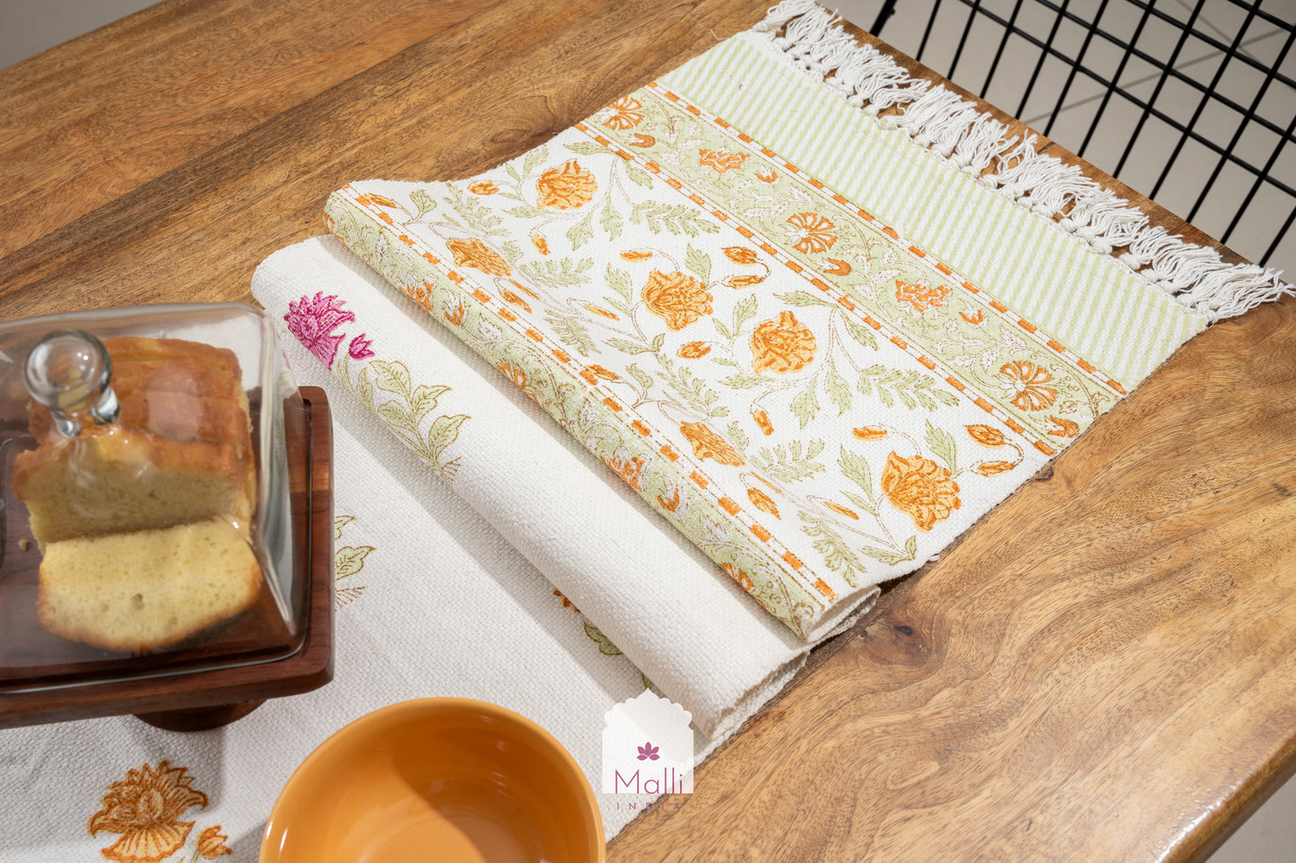 Pink & orange florals - 6 seater runner in slub cotton