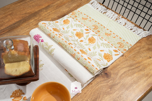 Pink & orange florals - 6 seater runner in slub cotton