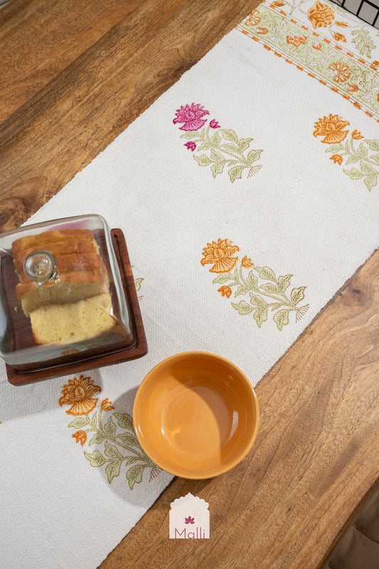 Pink & orange florals - 6 seater runner in slub cotton