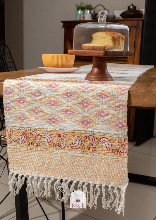 Yellow & pink palm & florals - 6 seater runner in slub cotton