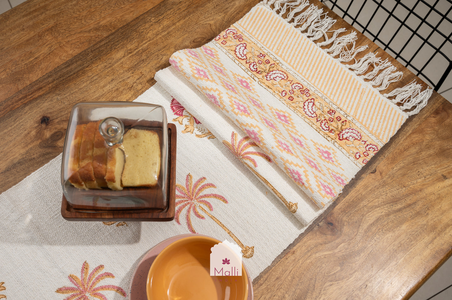 Yellow & pink palm & florals - 6 seater runner in slub cotton