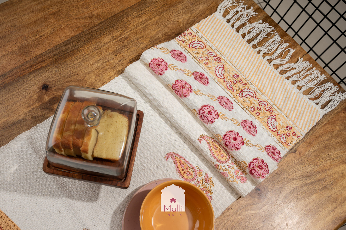 Yellow & pink kairi - 6 seater runner in slub cotton