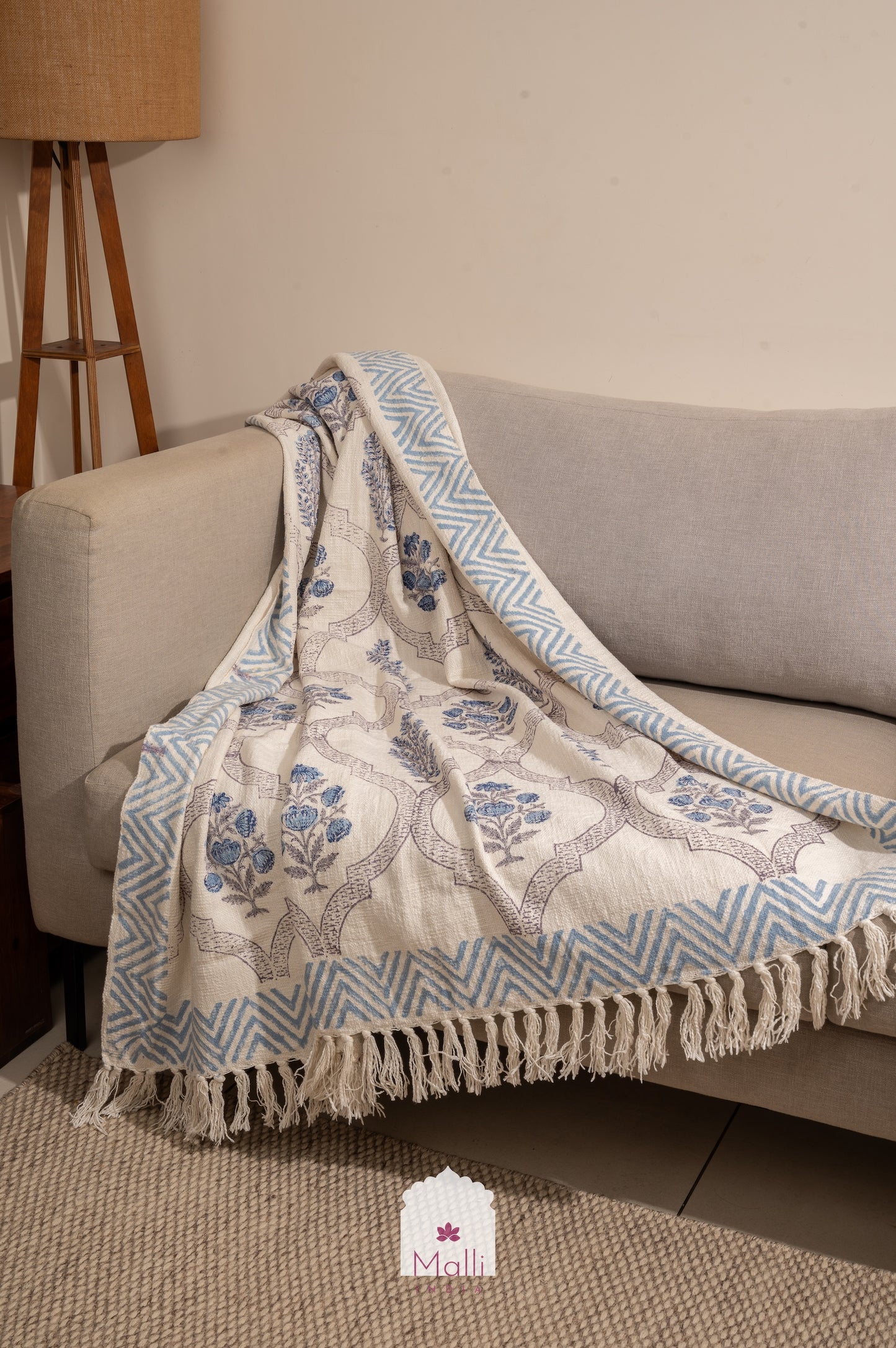 Blue daisy jaal - Handblock printed sofa throw