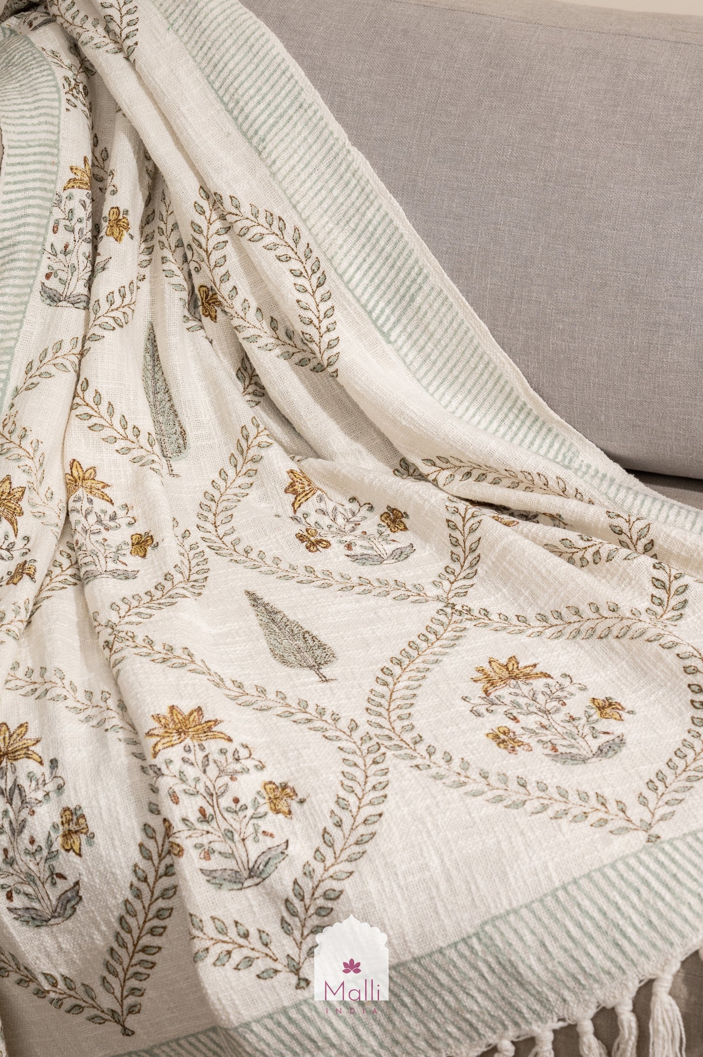 Brown madhumalti jaal - Handblock printed sofa throw