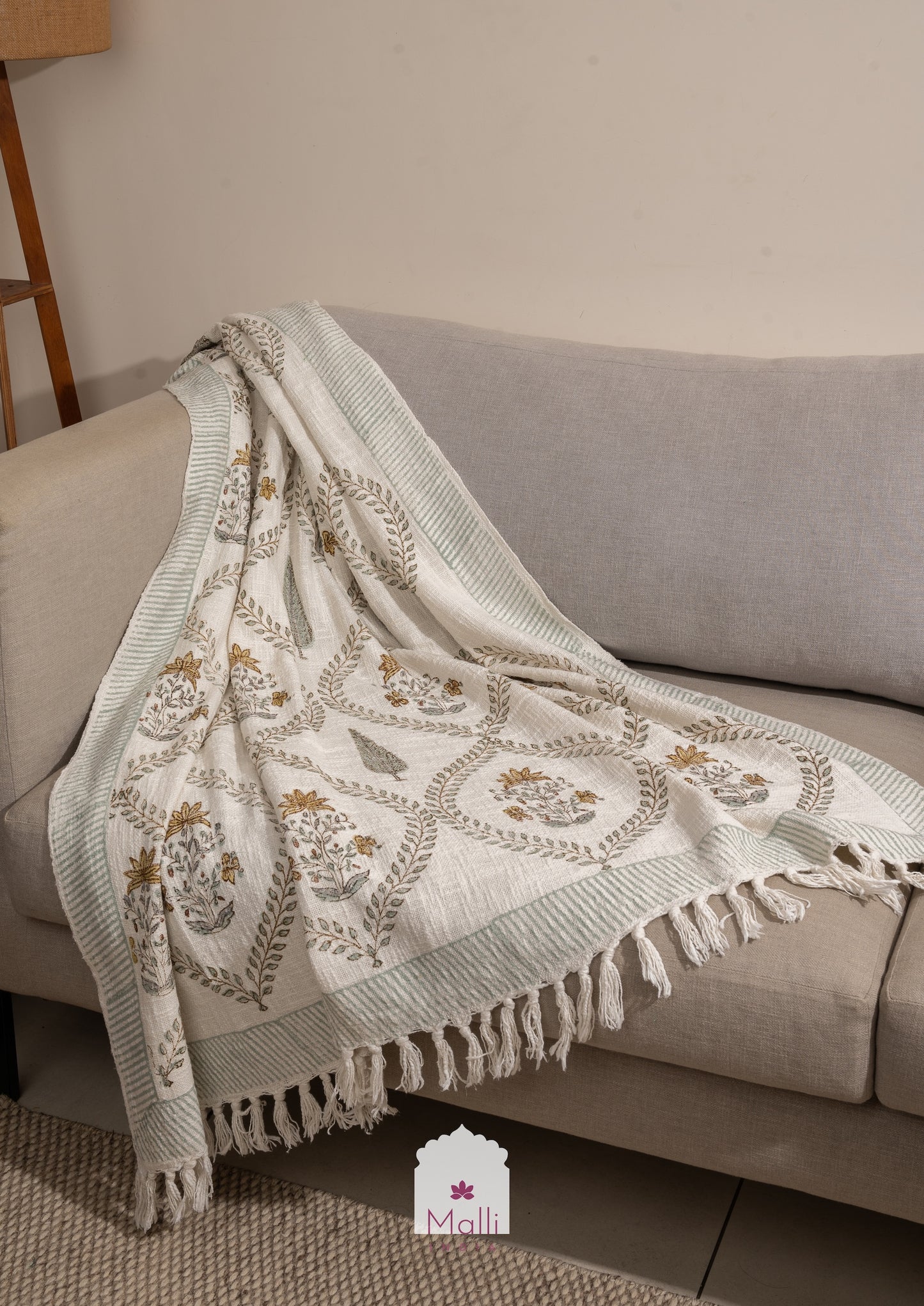 Brown madhumalti jaal - Handblock printed sofa throw