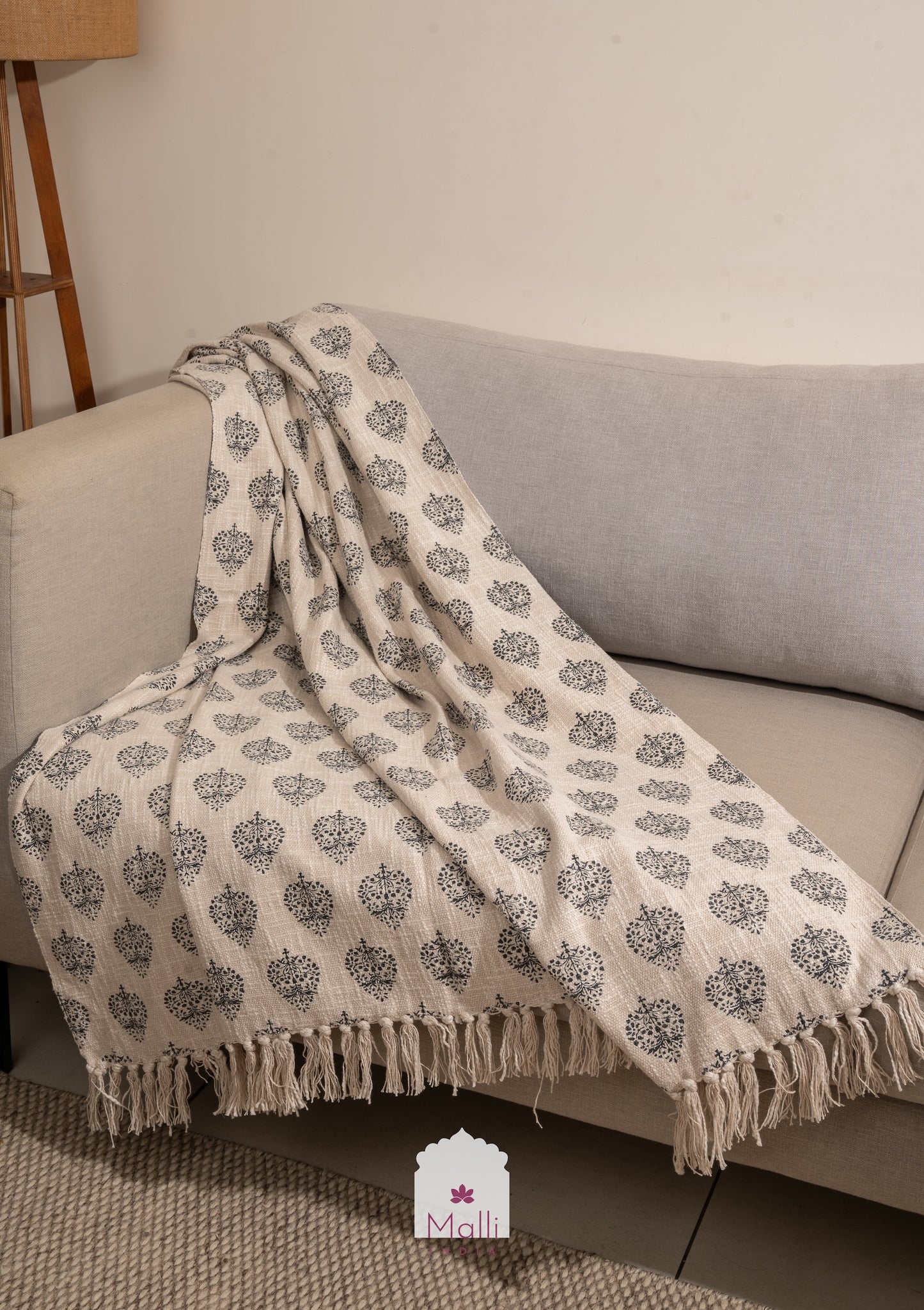 Grey leaf buti - Handblock printed sofa throw