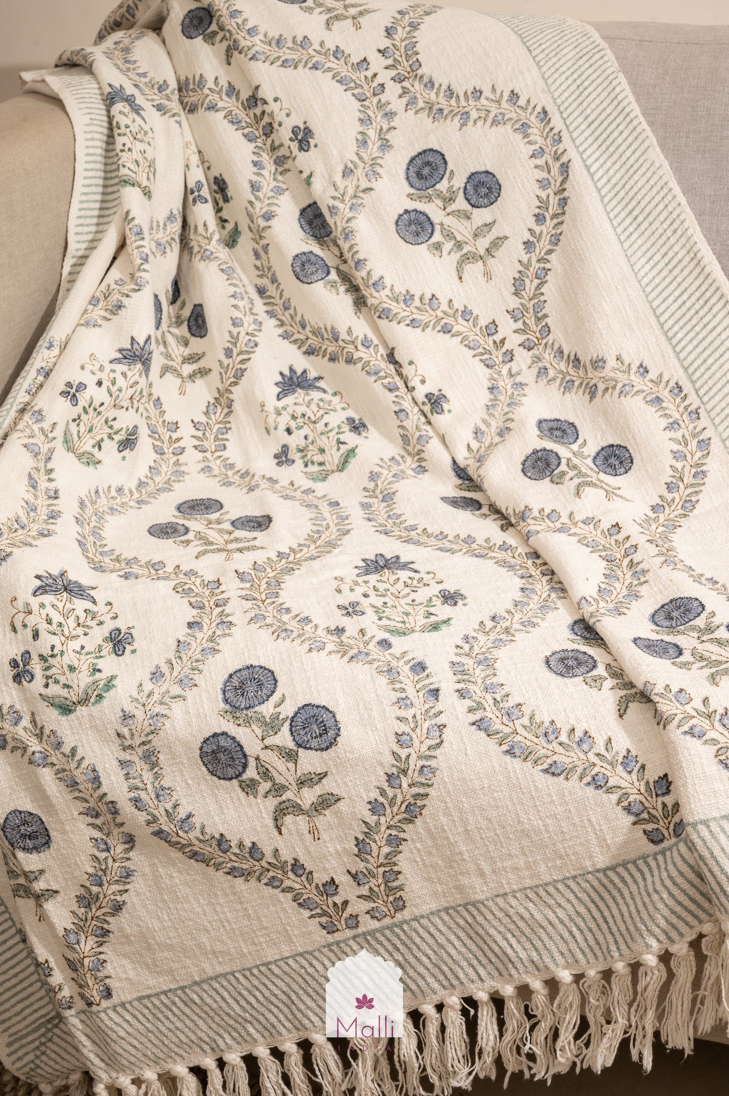 Neel bagh jaal - Handblock printed sofa throw