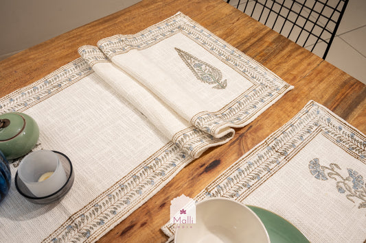 Blue daisy & leaf buti on white - Runner, placemat & napkin set for 6 seater