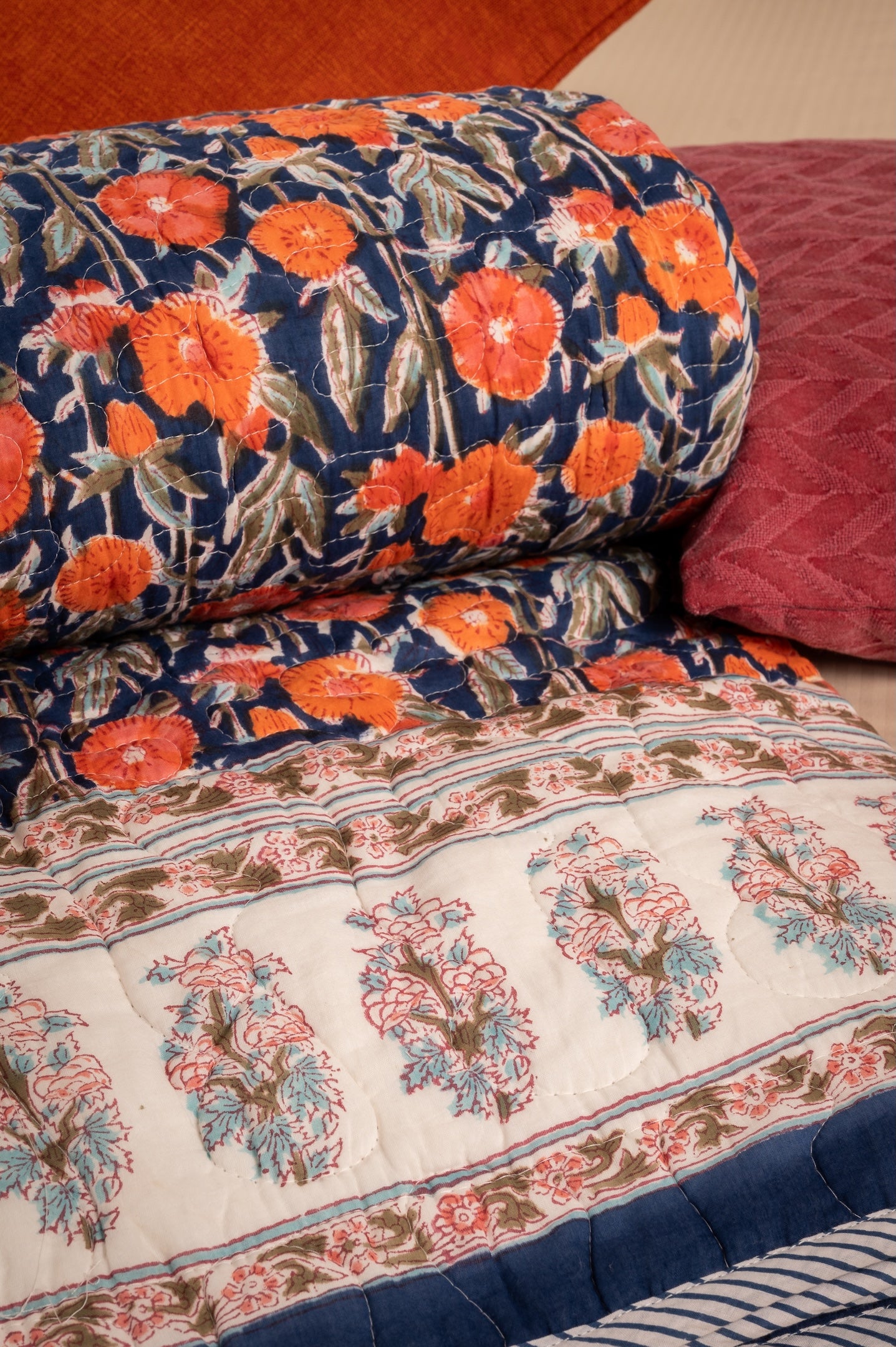 Midnight blossoms - Handblock printed pure mulmul cotton reversible quilt