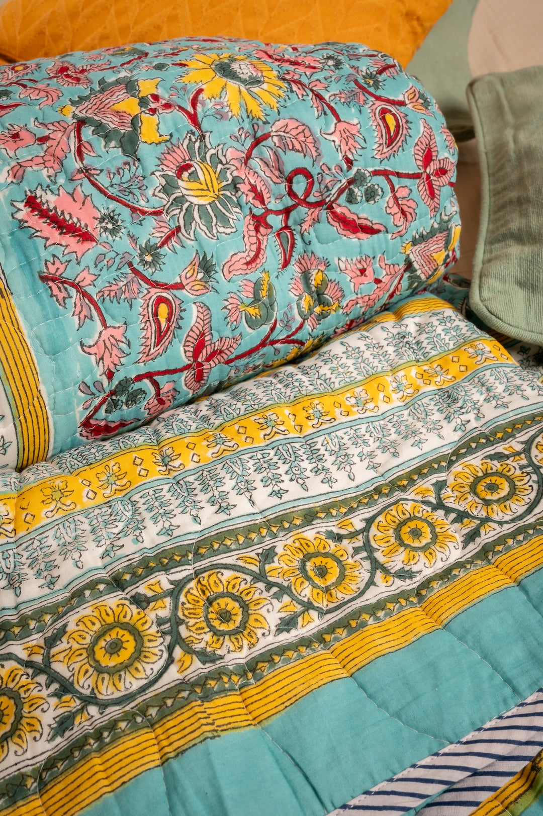 Orchard on blue - Handblock printed pure mulmul cotton reversible quilt