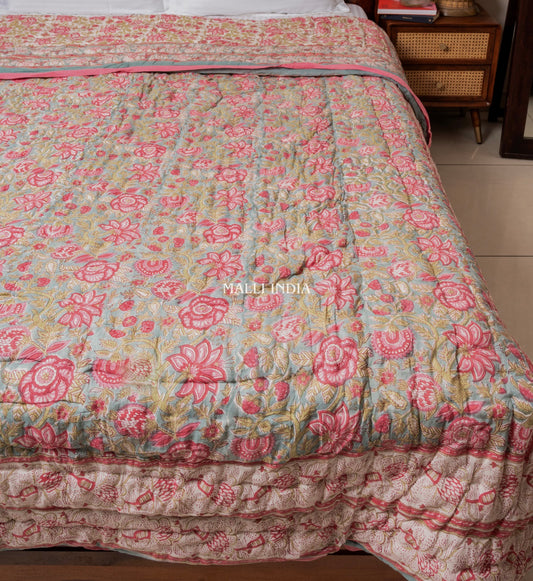 Turquoise royals - Handblock printed pure mulmul cotton reversible quilt / Jaipuri rajai
