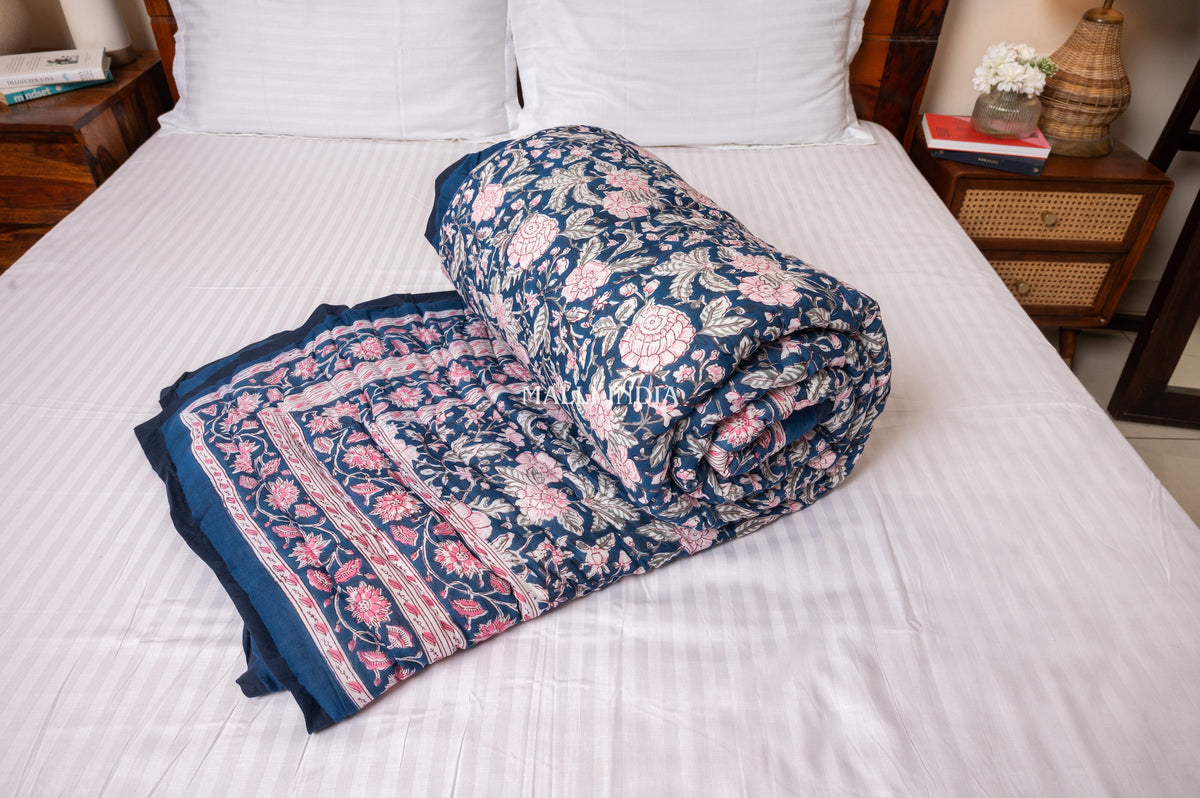 Pink on blue bloom - Handblock printed pure mulmul cotton reversible quilt / Jaipuri rajai