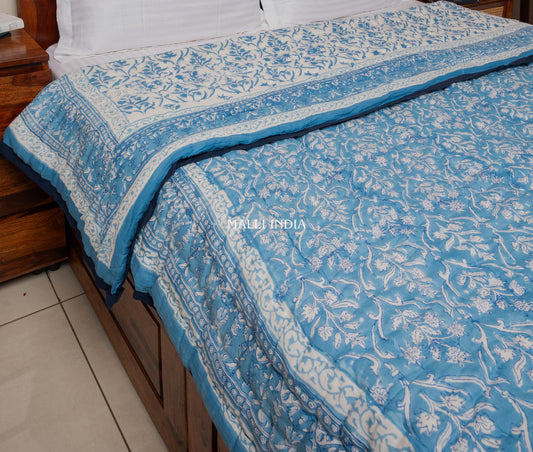 Sky bloom - Handblock printed pure mulmul cotton reversible quilt / Jaipuri rajai