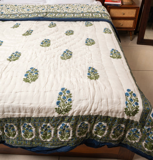 Blue florals in green orchard - Handblock printed pure mulmul cotton reversible quilt / Jaipuri rajai
