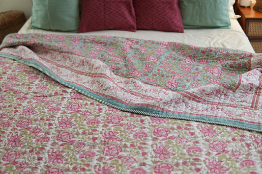 Turquoise royals - Handblock printed pure mulmul cotton reversible comforter