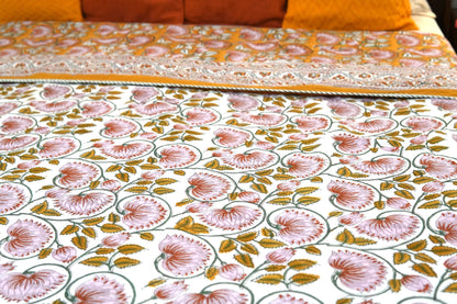 Lotus on mustard handblock printed pure mulmul dohar